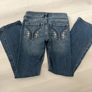 Hollister Women's Lo Rise Boot Cut Blue Jeans with Floral Embroidery